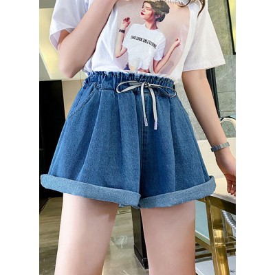 Simple Navy Elastic Waist drawstring Pockets Cotton wide leg Pants Shorts Summer