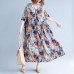 Fine blue linen dresses Loose fitting short sleeve print cotton maxi dress Fine O neck caftans