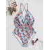 Criss Cross Backless Floral Drawstring Plunge Neck Swimwear