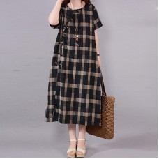 brief long cotton dresses plus size Lattice Round Neck Short Sleeve Black Cotton Dress