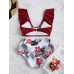 Floral Printed High Waist Sleeveless Ruffle Backless Tankinis Swimwear