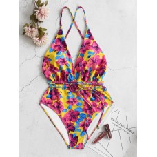 Deep Open Neckline Floral Print Backless Drawstring Swimwear