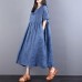 fashion long linen dresses oversize Loose Lacing Ramie Short Sleeve Blue Pleated Dress