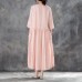 boutique linen sundress oversized Linen Round Neck Three Quarter Sleeve Pink Pleated Dress